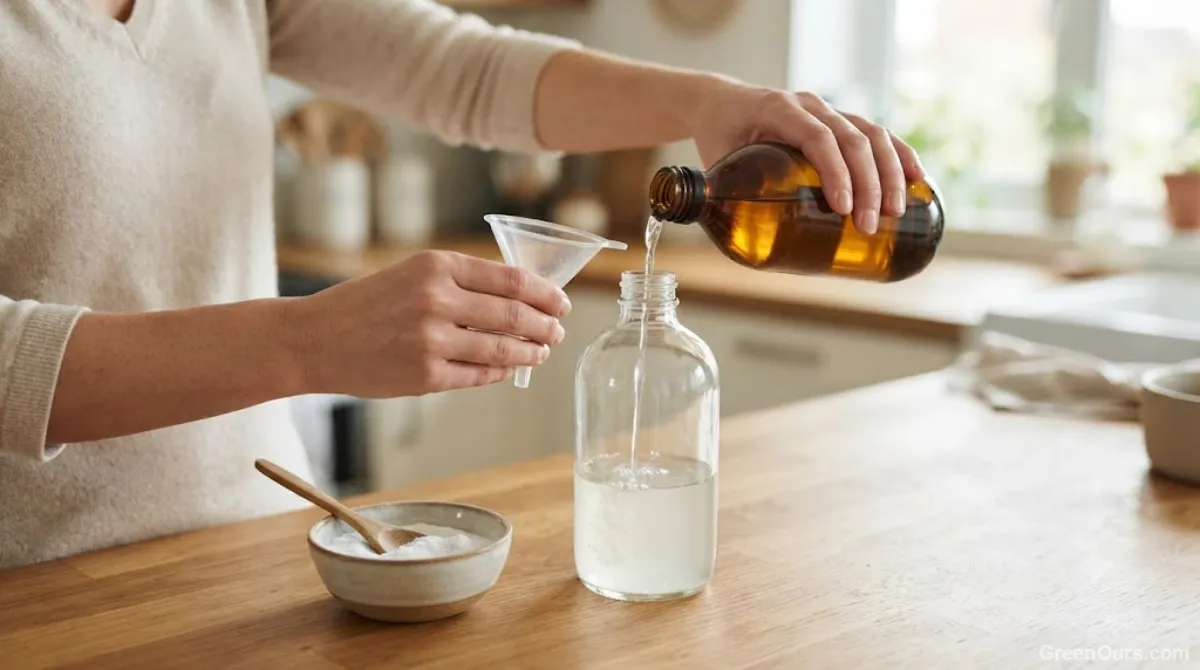 Hands pouring a vinegar and water mixture into a reused spray bottle on a kitchen counter