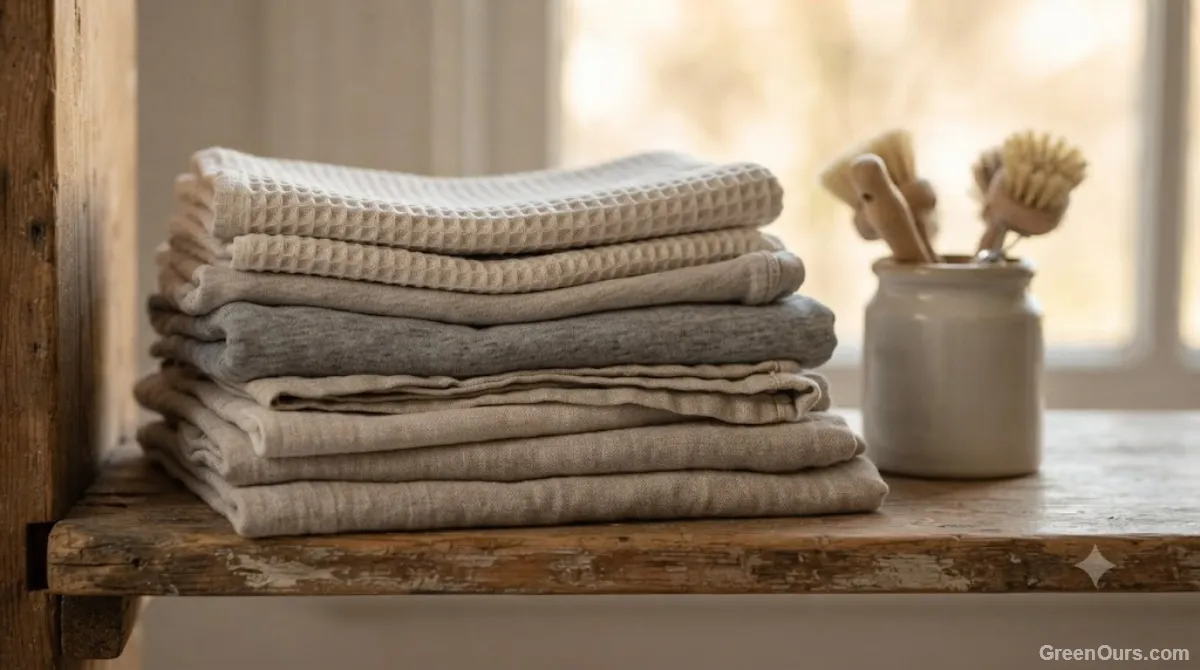 Stack of folded cotton cloths cut from old t-shirts sitting on a bathroom shelf