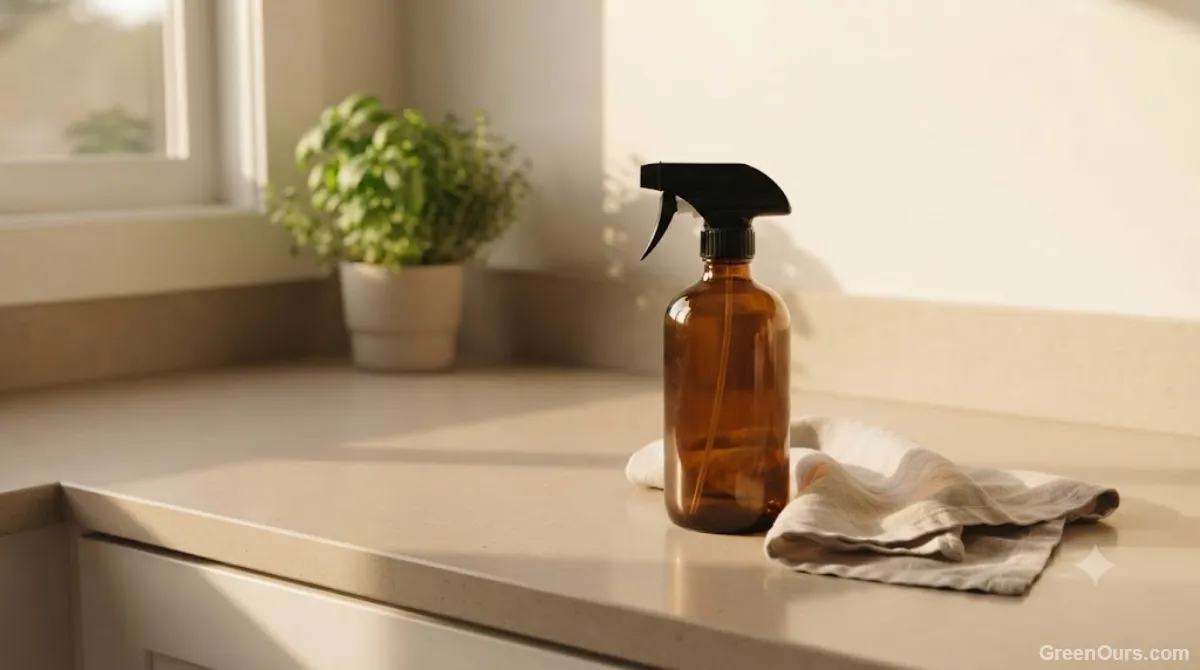 Clean, uncluttered kitchen counter with a single spray bottle and folded cloth