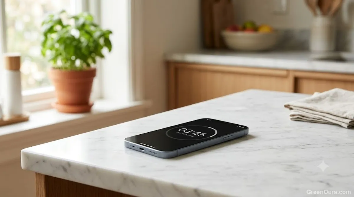 Person doing a quick kitchen walkthrough with a phone timer visible on the counter