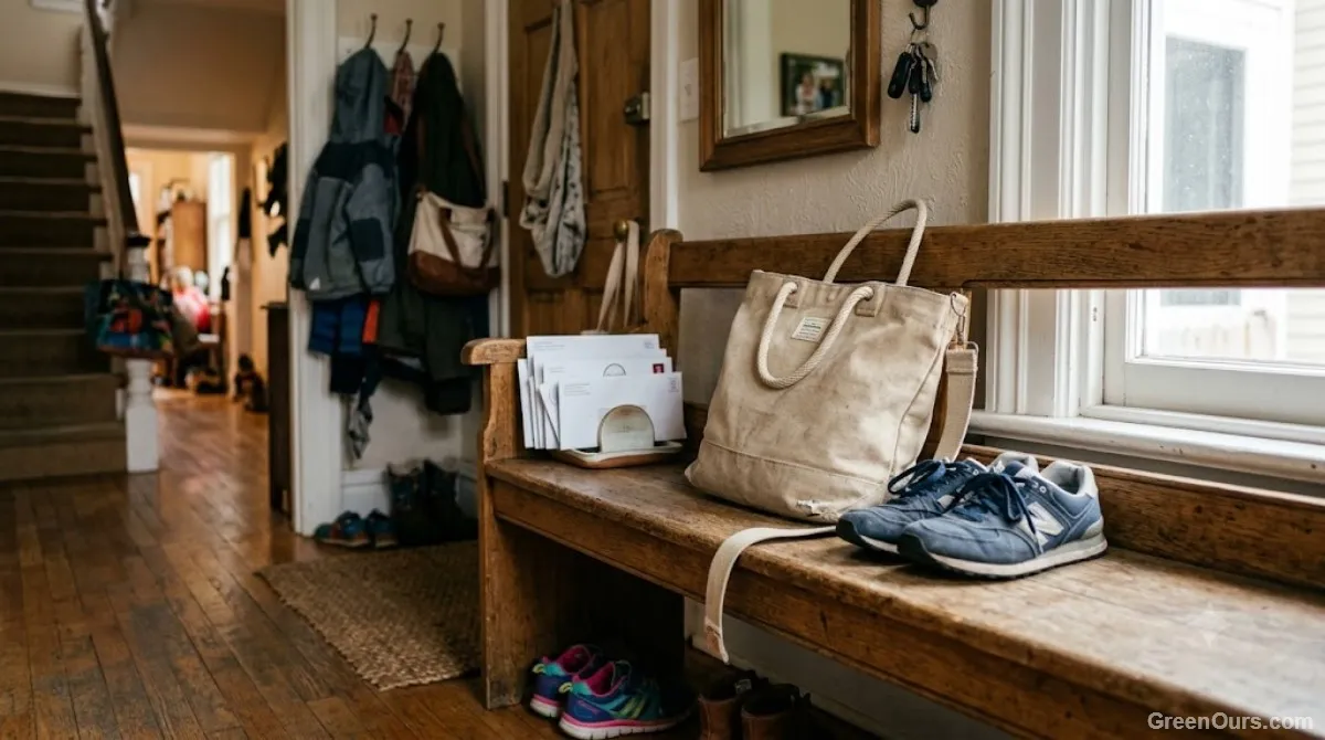 Family entryway with shoes, bags, and mail piled in a realistic, lived-in state