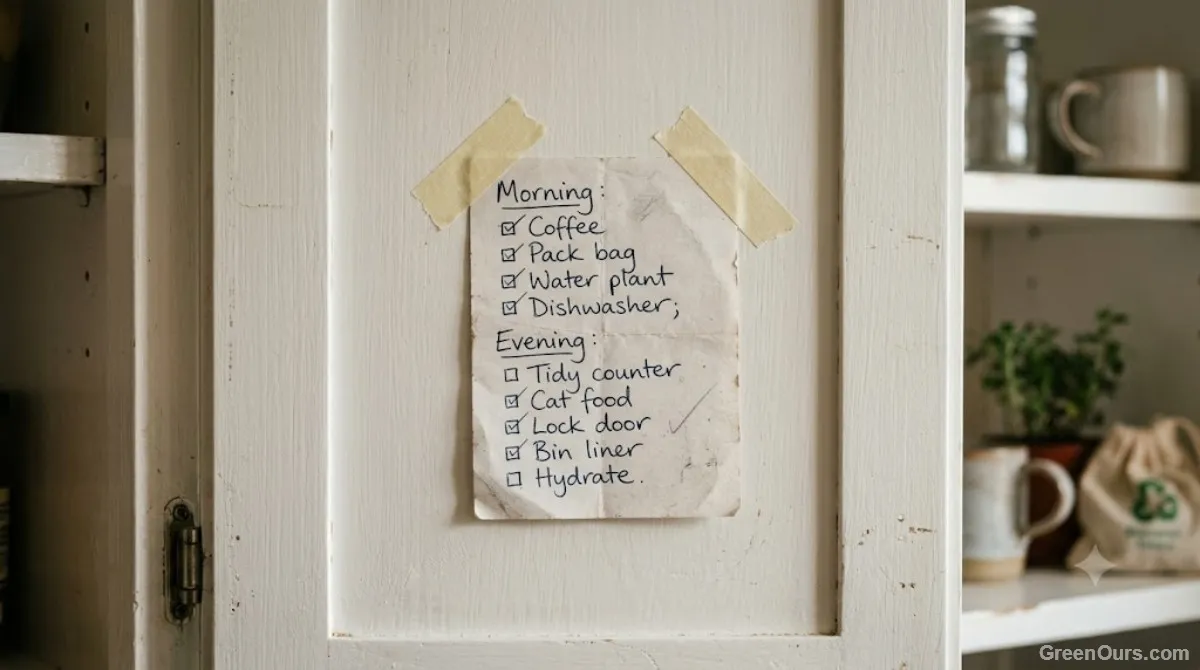 Handwritten checklist taped inside a cabinet door