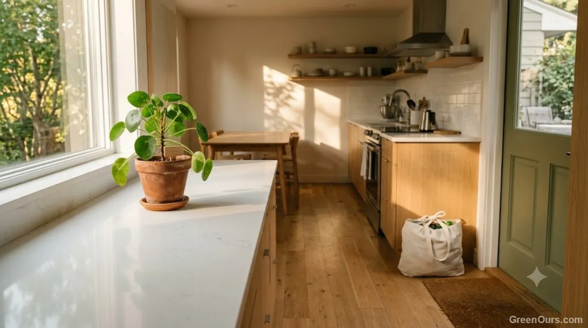 Tidy kitchen counter with a small donation bag placed by the front door