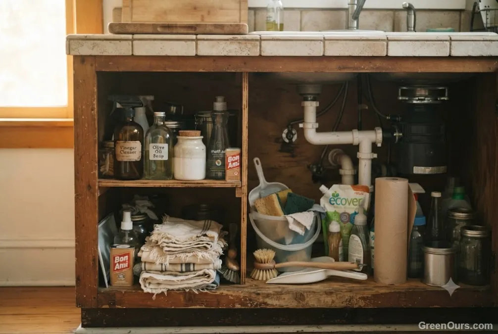 Cluttered under-sink cabinet with mismatched cleaning bottles, jars, and old cloths