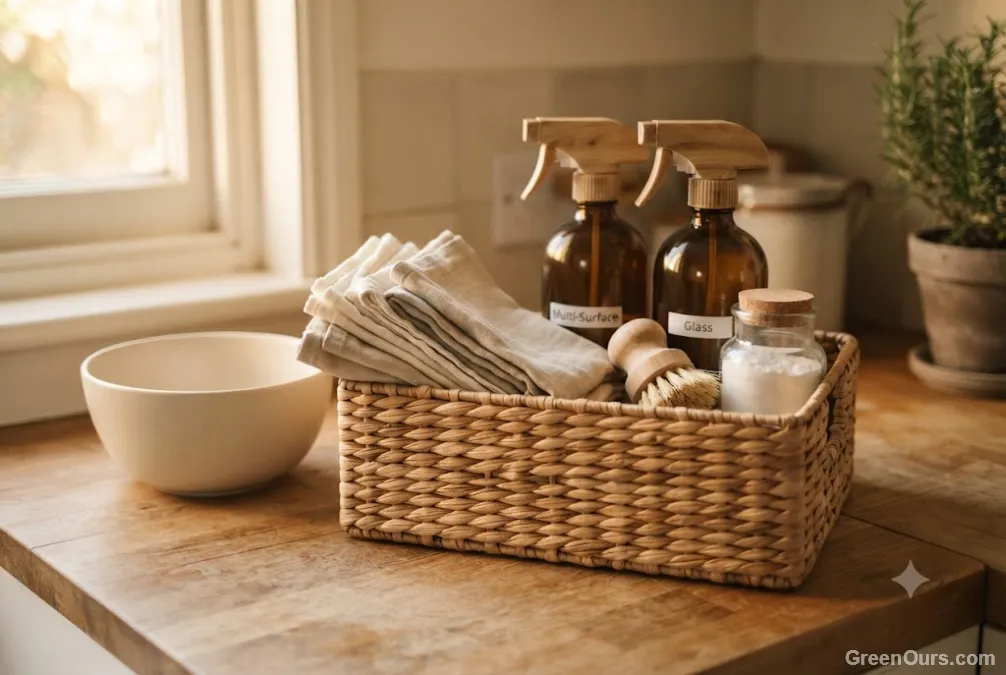 Small labeled basket holding an assembled zero-waste cleaning kit of cloths and bottles