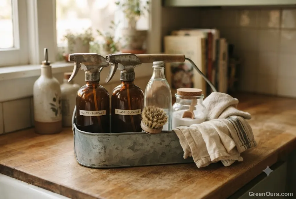 Well-used cleaning caddy with cloths and refillable bottles on a kitchen counter