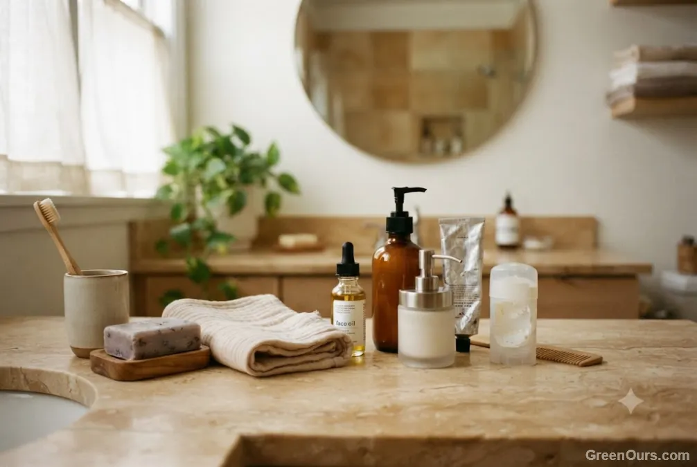 Bathroom counter with a mix of everyday toiletries and a couple of reusable swaps