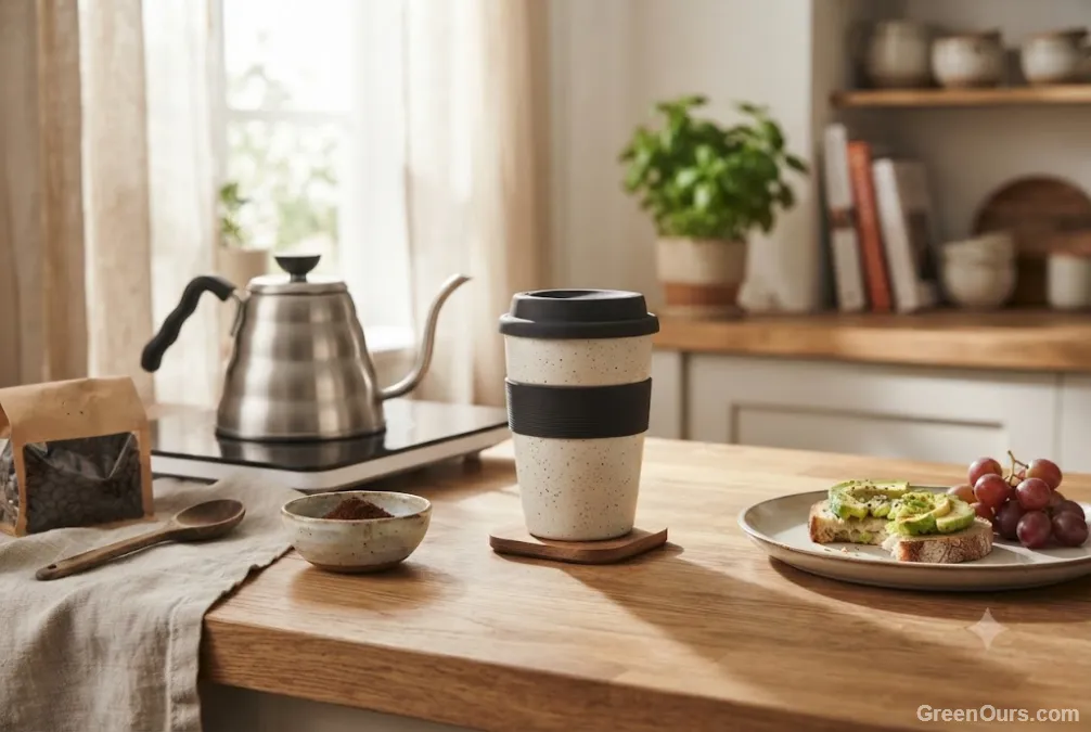 Kitchen counter mid breakfast prep with a reusable mug and everyday dishes