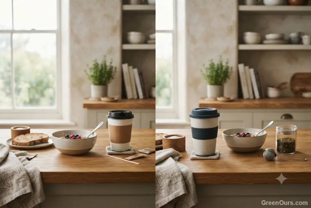 Two similar morning kitchen setups shown side by side for comparison