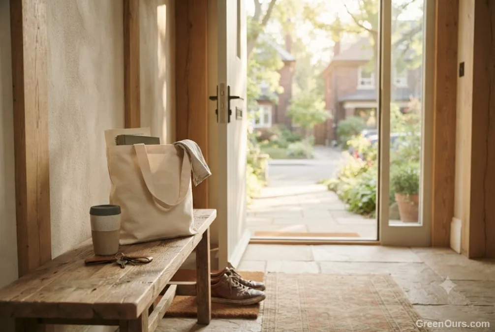 Person stepping out the front door in soft morning light
