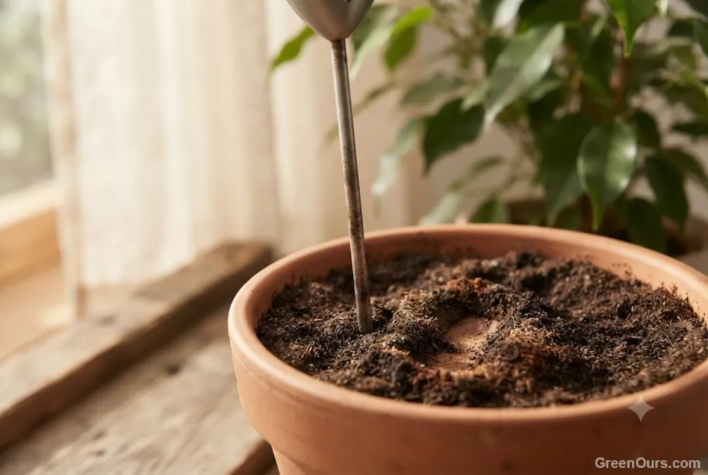 Soil moisture meter probe beside a small finger impression in potting soil