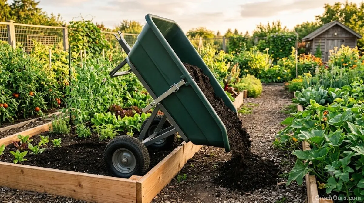 Garden cart stored upright against a shed wall next to hand tools