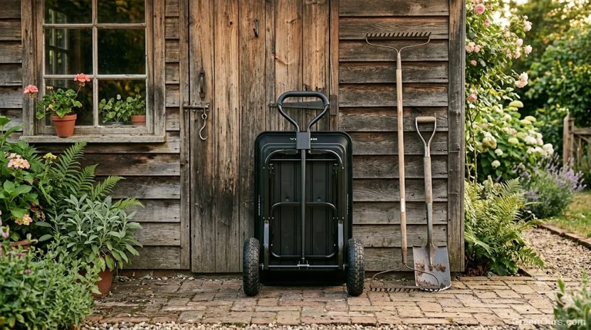 Garden cart loaded with soil and potted plants being pulled across a lawn