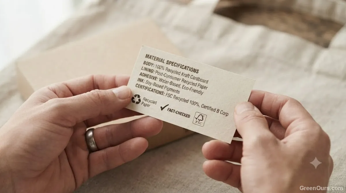 Product label being read closely for material and construction details