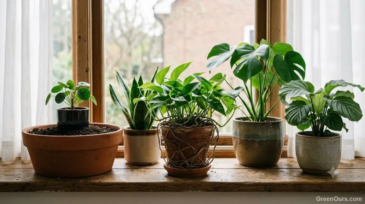 Terracotta plant pot with visible drainage hole and water stain line on a wooden shelf