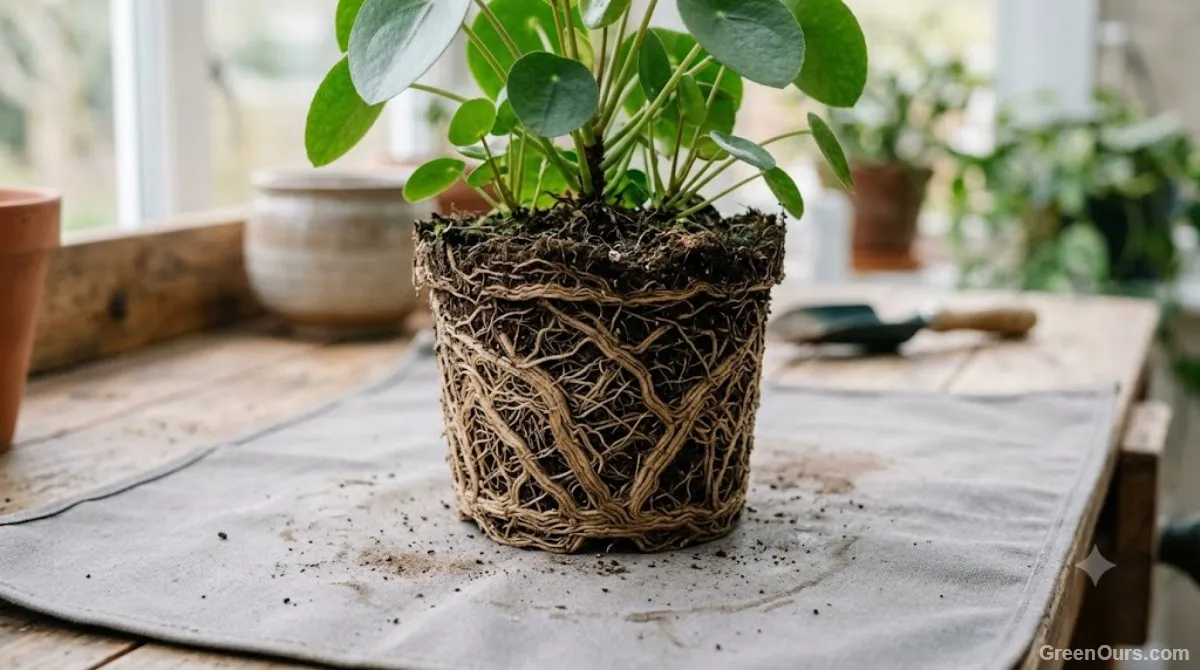 Root-bound houseplant removed from its pot showing roots circling tightly at the edges