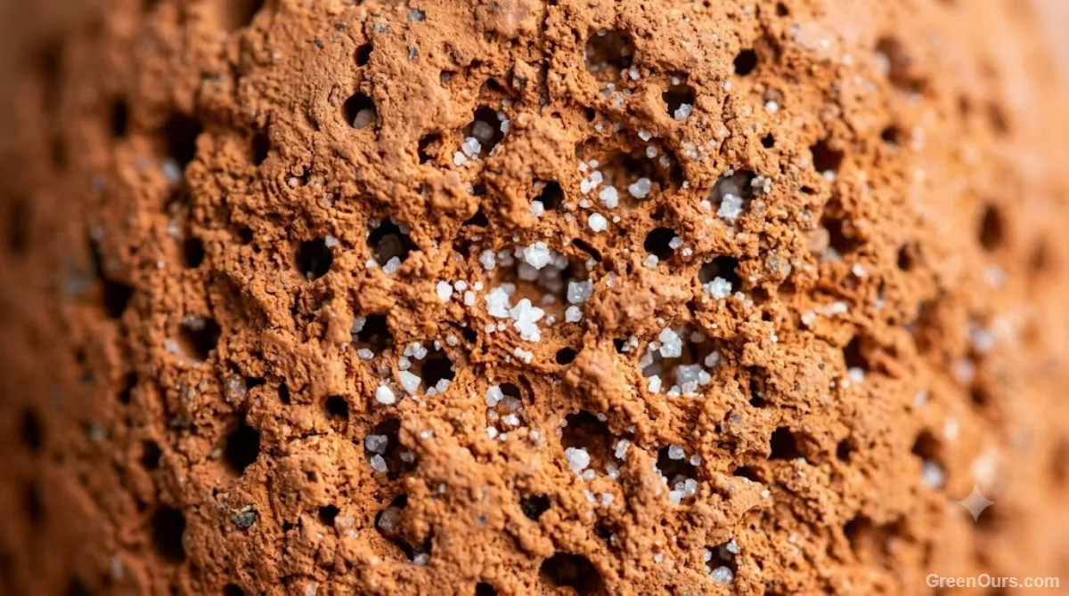 Close-up of porous terracotta clay surface with visible mineral crystals