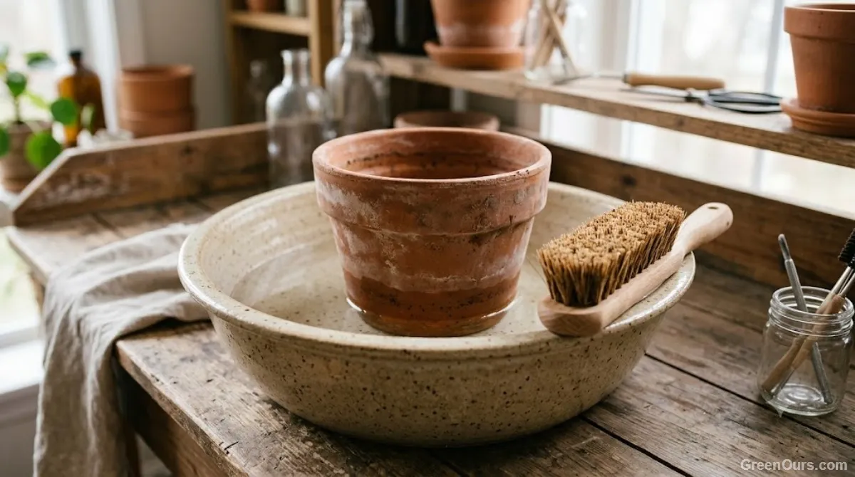 Terracotta pot soaking in a vinegar water solution with a scrub brush nearby