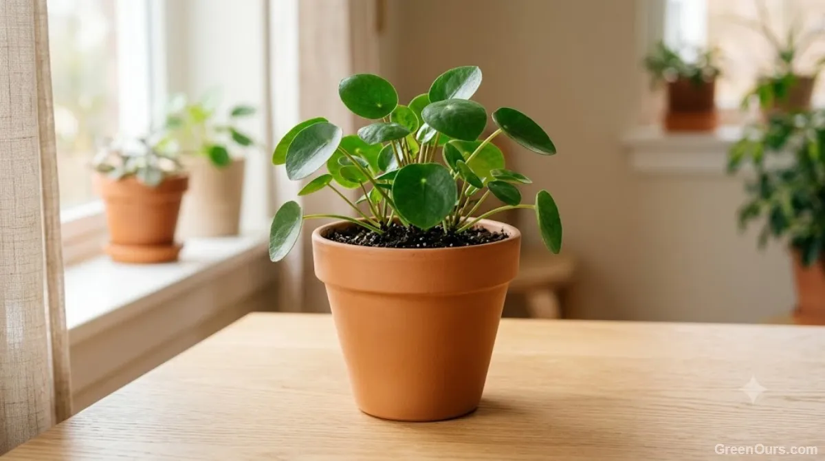 Freshly cleaned terracotta pot with new plant growth, free of mineral crust