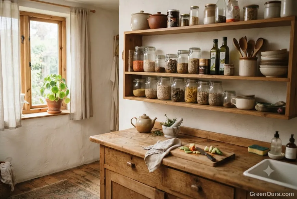 Cozy, lived-in kitchen corner with open shelving and reused glass containers