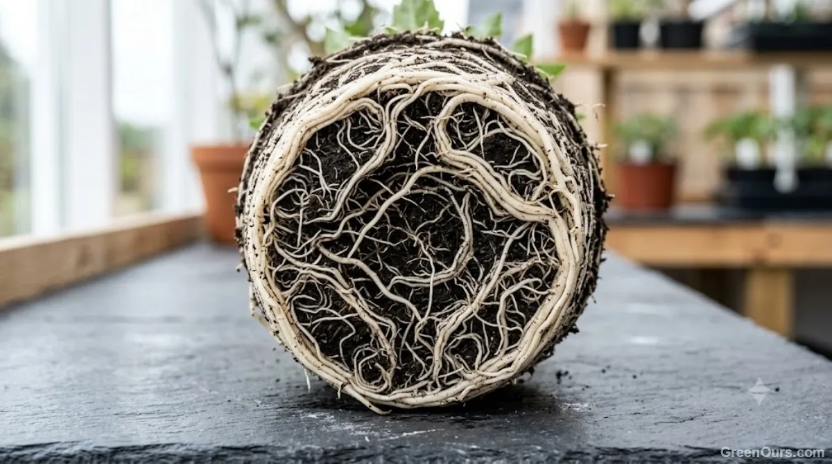 Root ball of a crowded peace lily tipped out of its pot, showing dense circling roots and several clumps