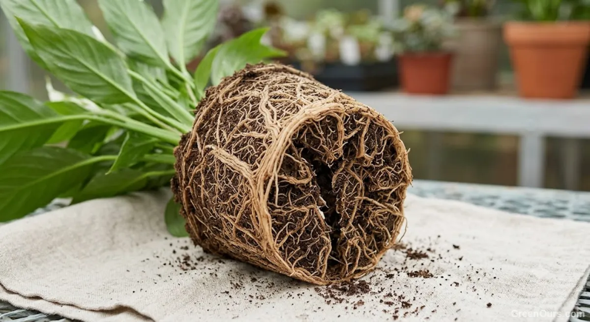 Peace lily root ball on a towel with the soil loosened to show a natural gap between two clumps