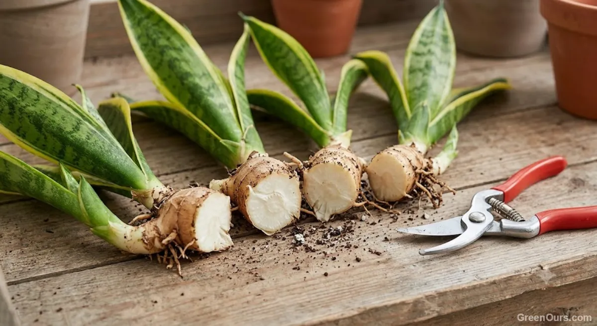 Snake plant rhizome cut into sections, each with leaves attached, beside clean shears