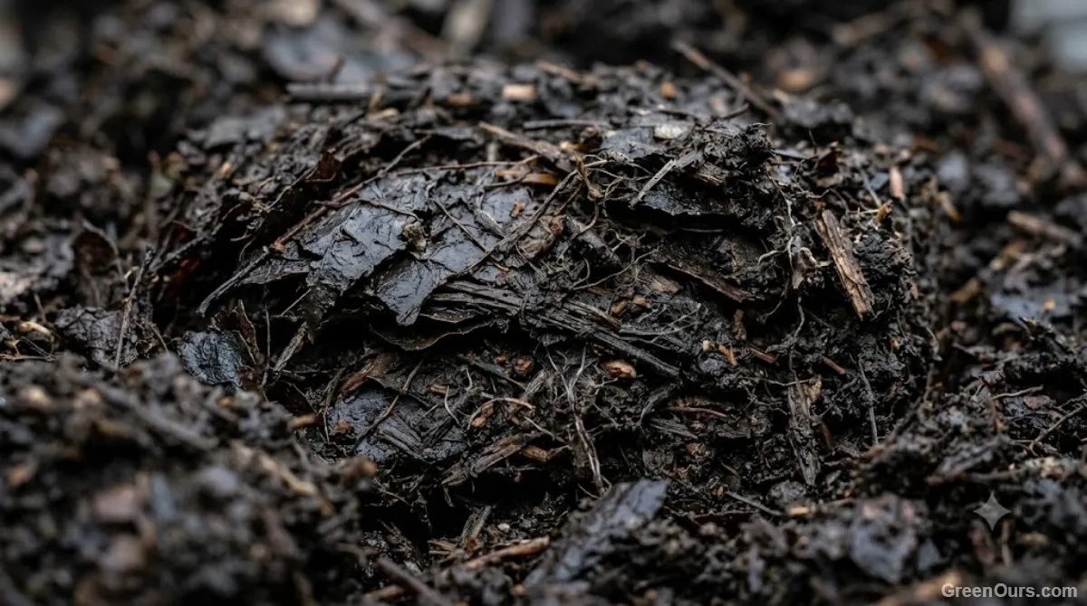 Pitchfork turning a compost pile with dry cardboard browns visible nearby