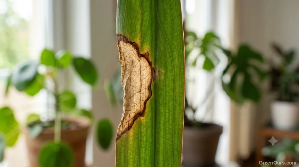 Close-up of a leaf with a crisp, tan sunburned patch with defined edges