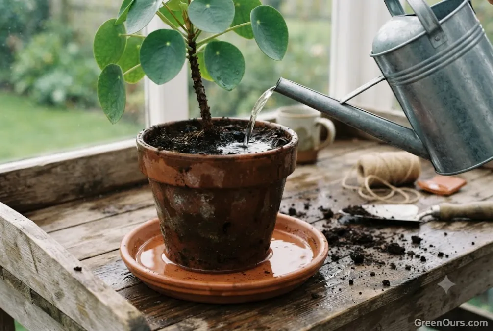 Watering can flushing a potted plant with visible water draining from the bottom