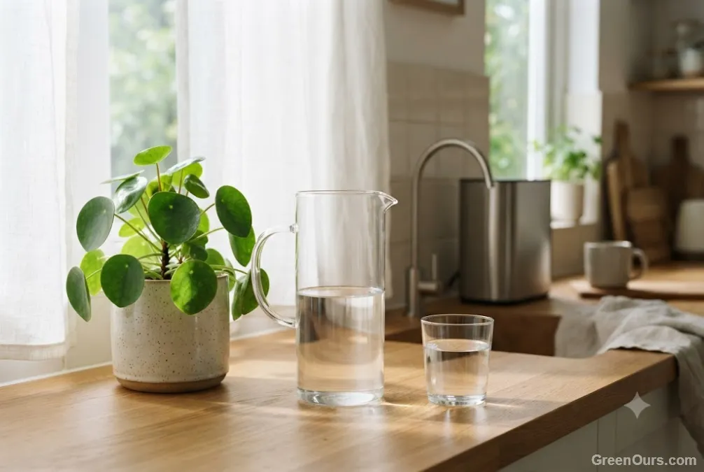 Filtered water being poured into a potted plant from a glass pitcher