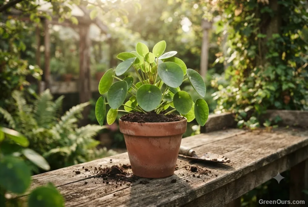 Healthy green houseplant with fresh potting soil after treatment