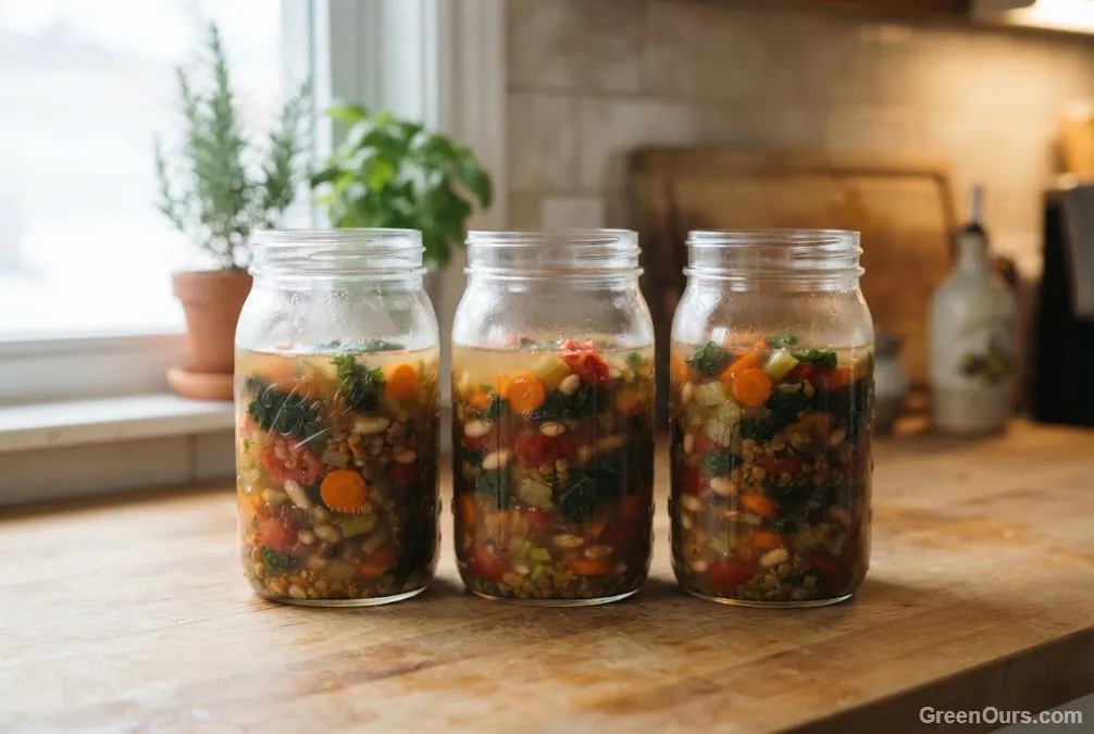 Wide-mouth glass jars filled with soup, left with headspace before freezing