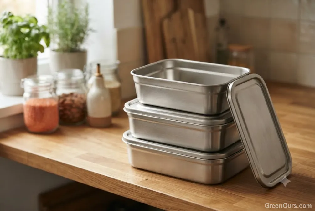 Stacked stainless steel containers with lids ready for the freezer