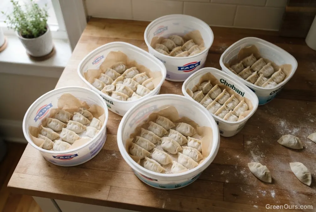 Reused yogurt tubs and parchment paper being used to freeze homemade dumplings