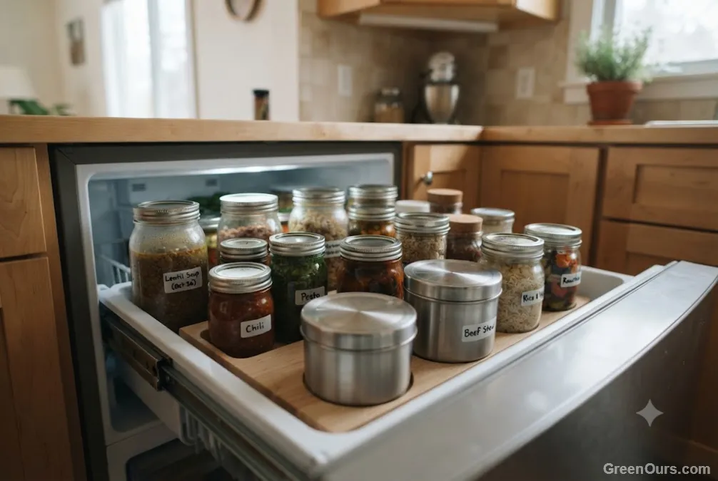 Labeled glass jars and steel containers organized neatly inside a freezer