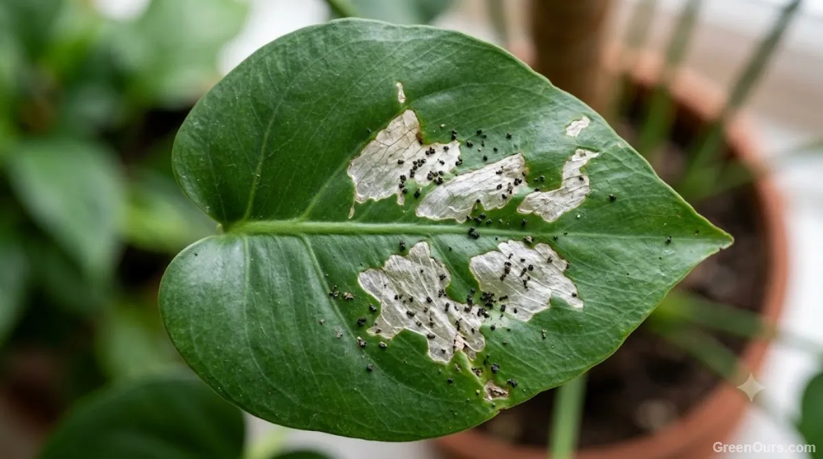Silvery stippled damage on a houseplant leaf caused by thrips feeding