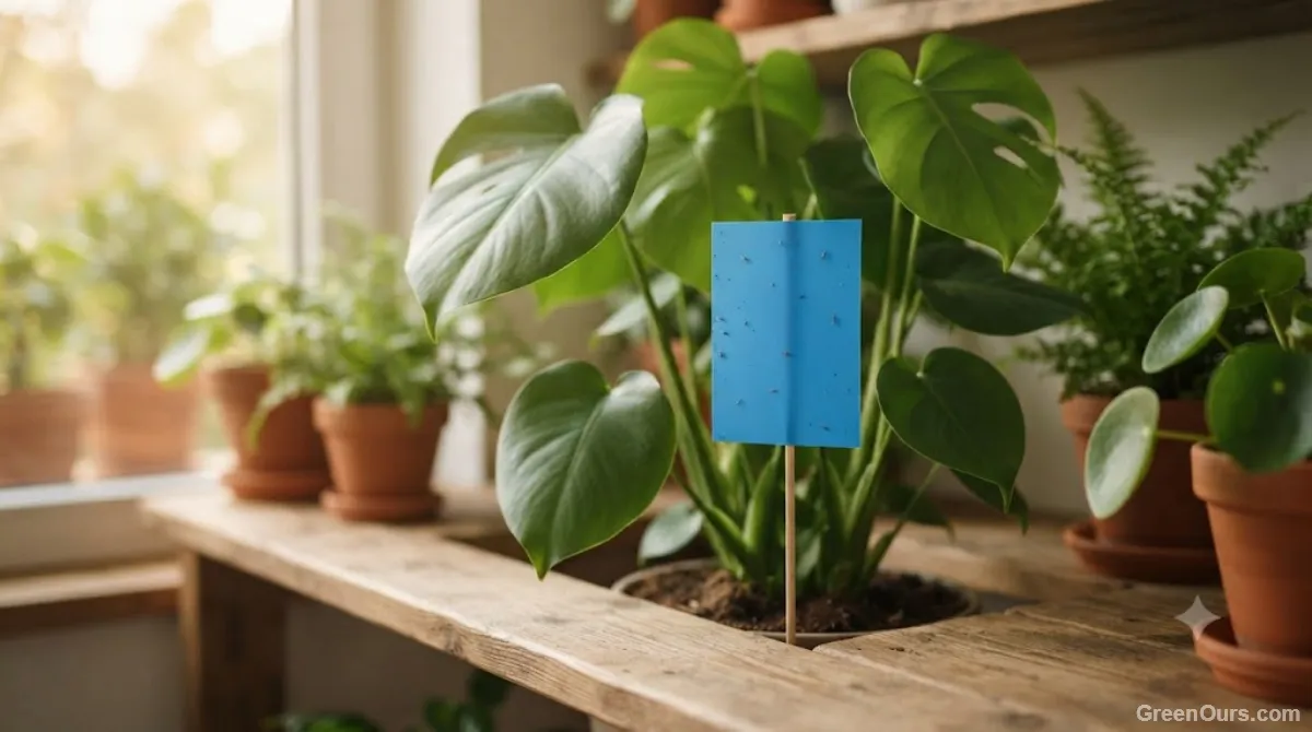 Blue sticky trap placed near a houseplant to monitor for thrips