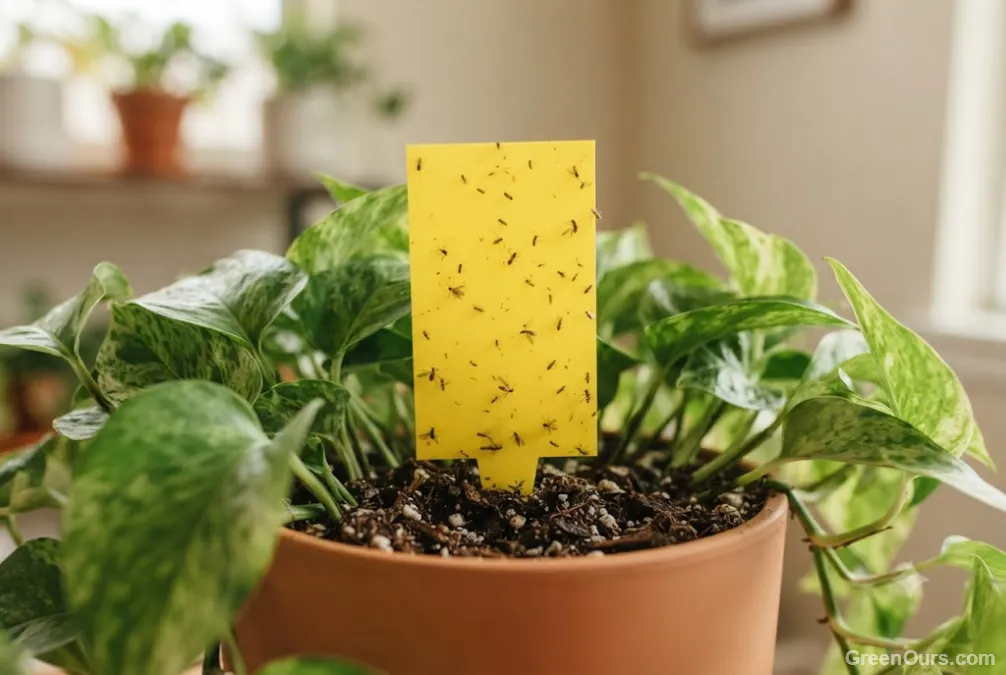 Yellow sticky trap placed above a plant canopy to catch adult whiteflies