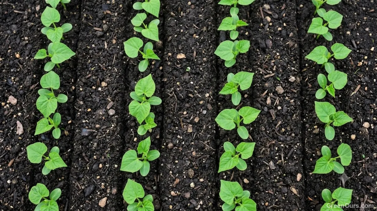 Two rows of bush beans at different growth stages, one flowering and one newly sprouted