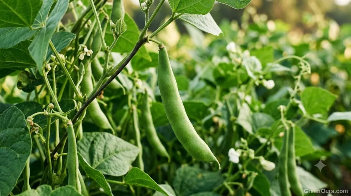 Basket of freshly picked green beans resting at the edge of a garden bed