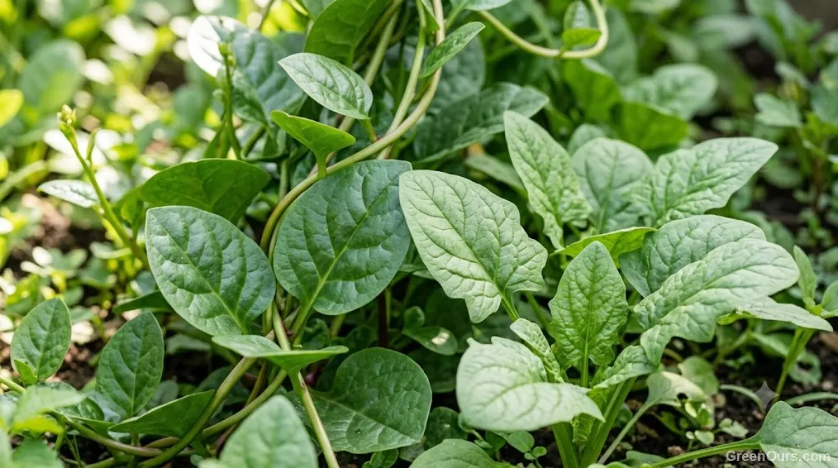 Malabar spinach vines growing beside traditional flat-leaf spinach in a garden bed