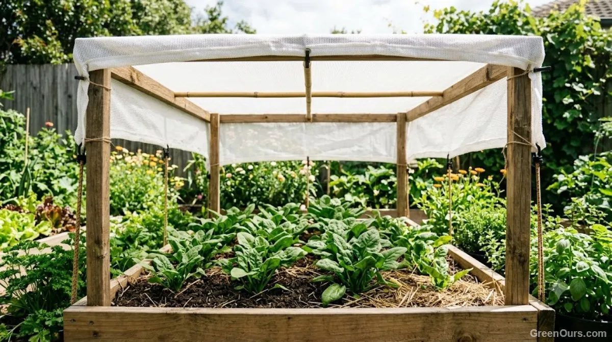 Shade cloth stretched over hoops above a bed of leafy greens