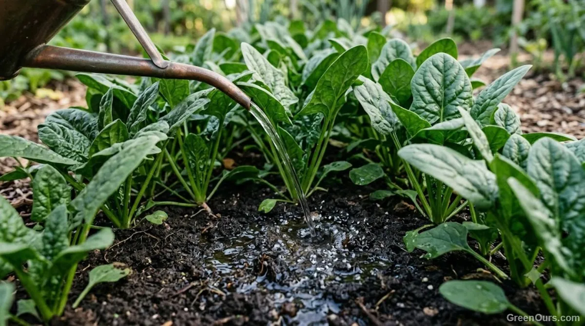 Morning watering at the base of leafy greens with visibly moist soil