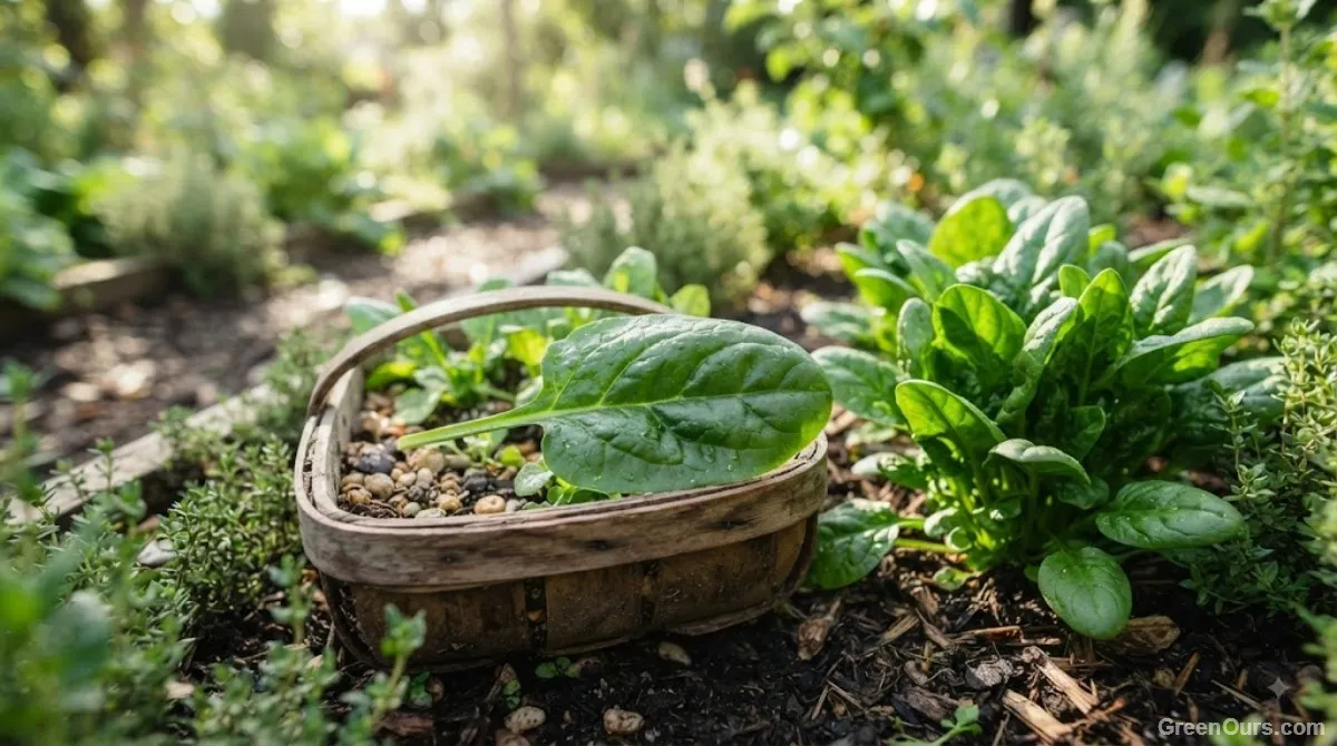 Hand harvesting outer spinach leaves from a thriving warm-weather plant