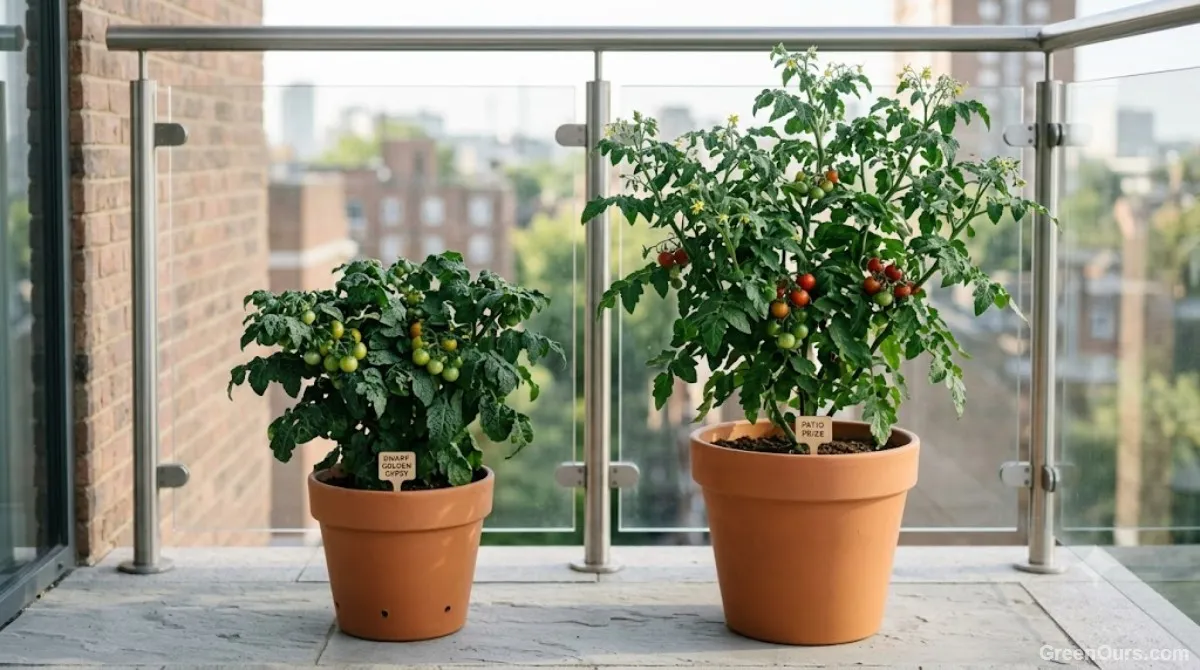 Watering can pouring water directly at the base of a potted tomato plant