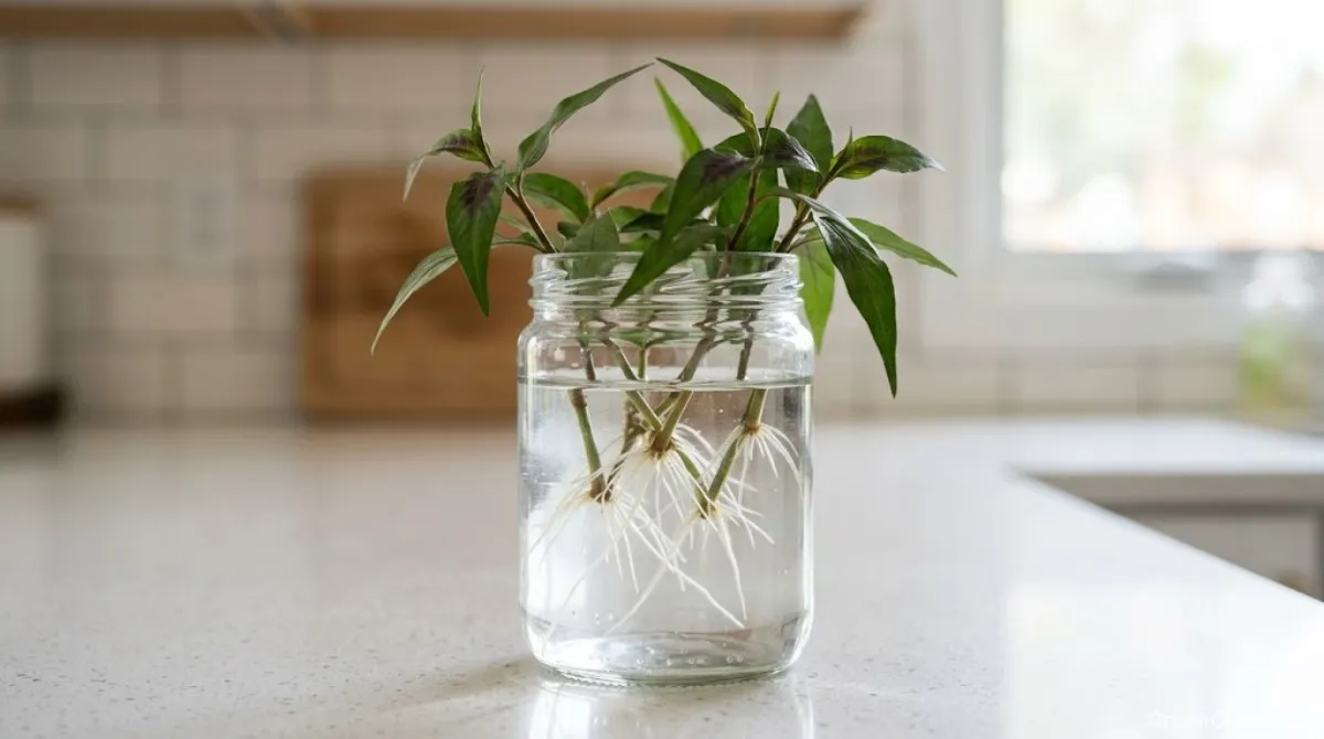 Rau ram stem cuttings rooting in a glass of water with white roots forming at the nodes