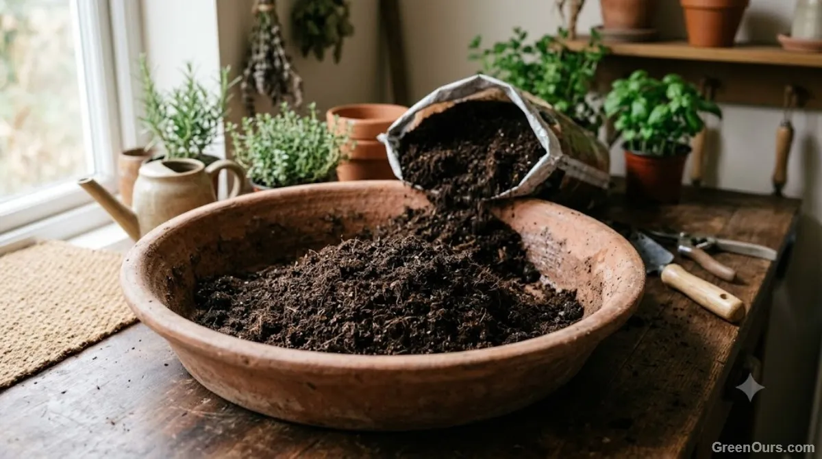 Wide shallow pot being filled with moist dark potting mix for planting rau ram