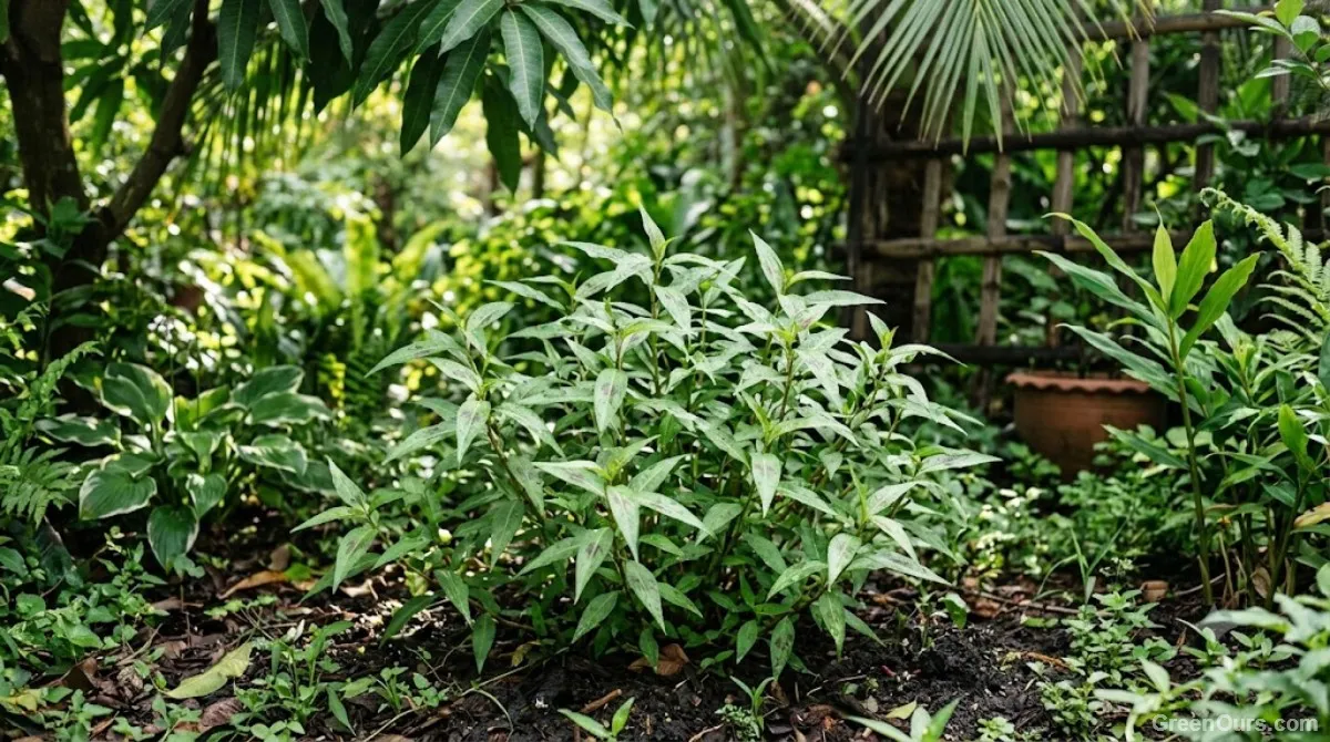 Rau ram growing in dappled light with narrow reddish-tinged leaves visible