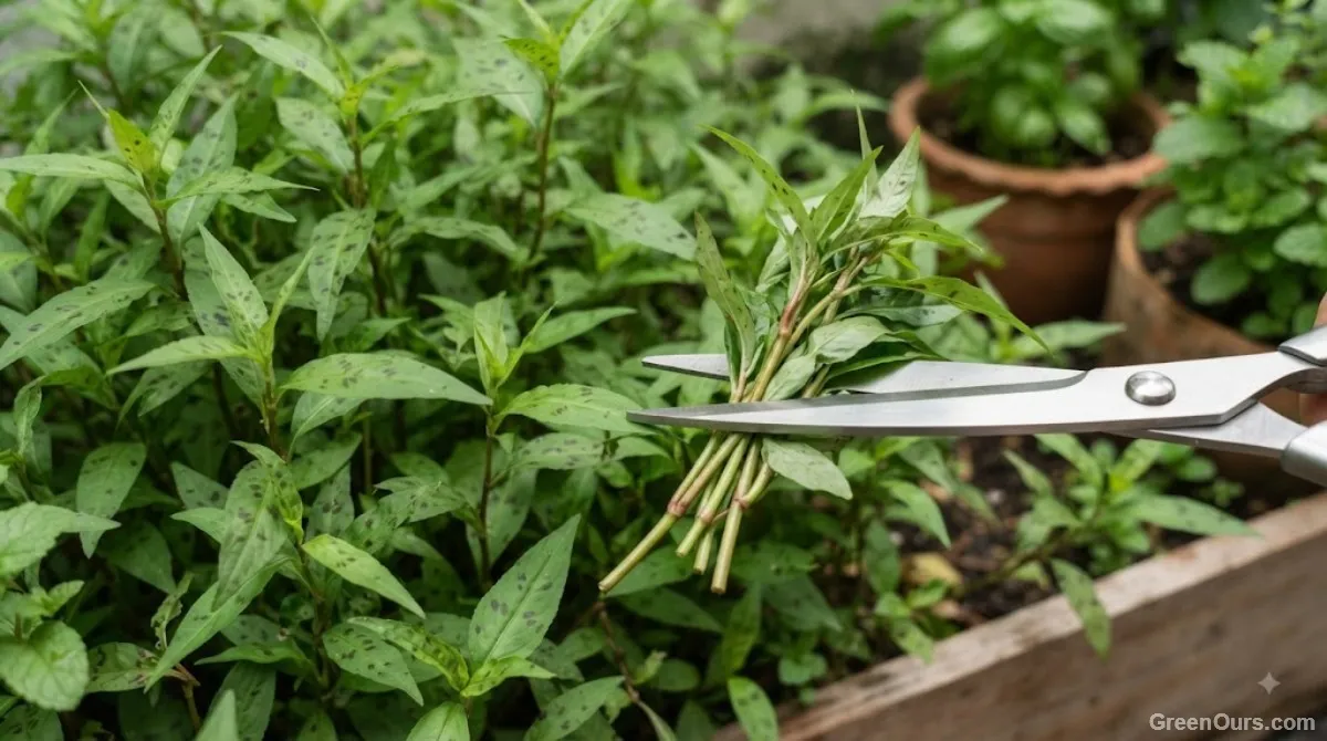 Hand snipping outer stems from a bushy rau ram plant with kitchen scissors